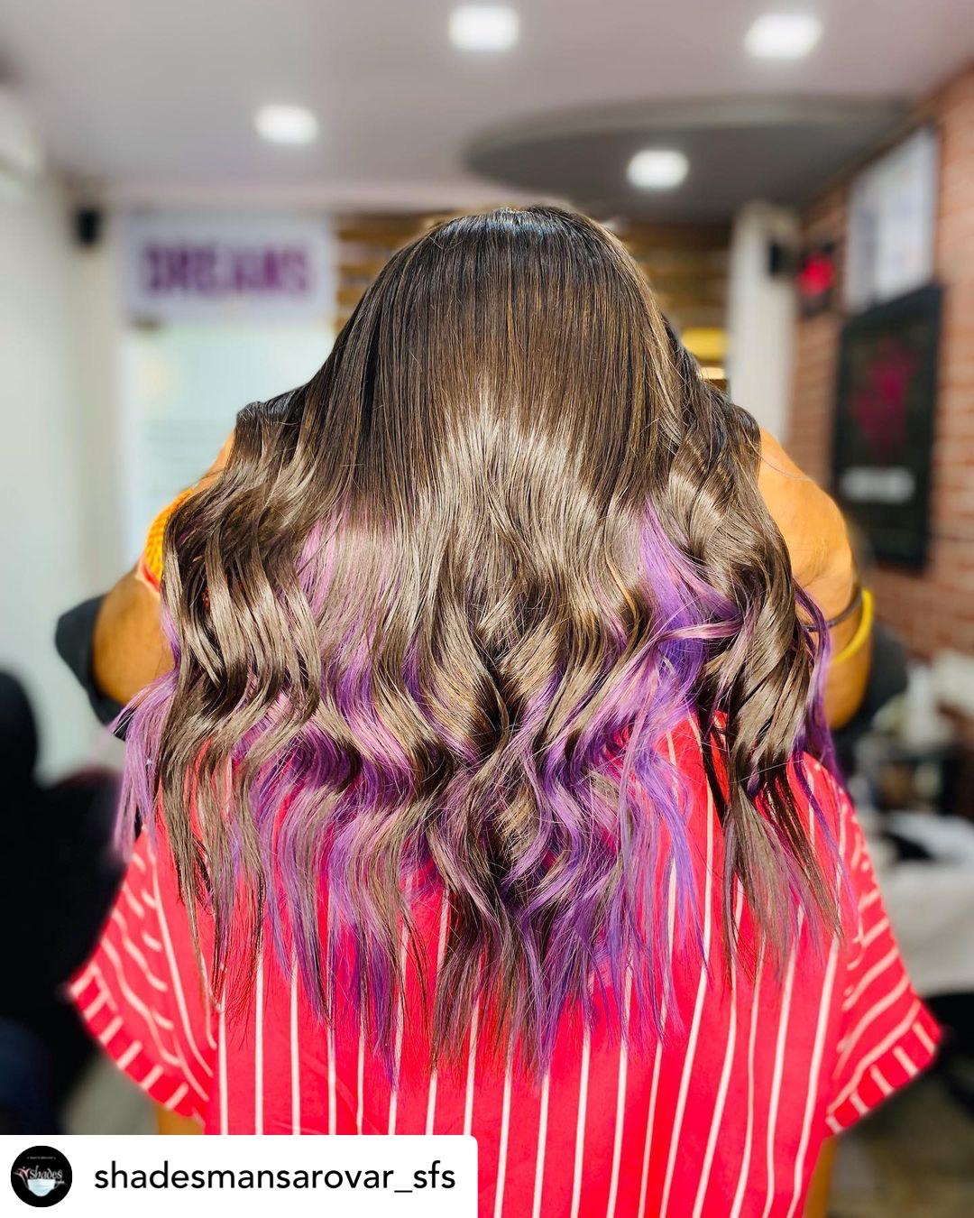 Ash-brown with violet ombre tips