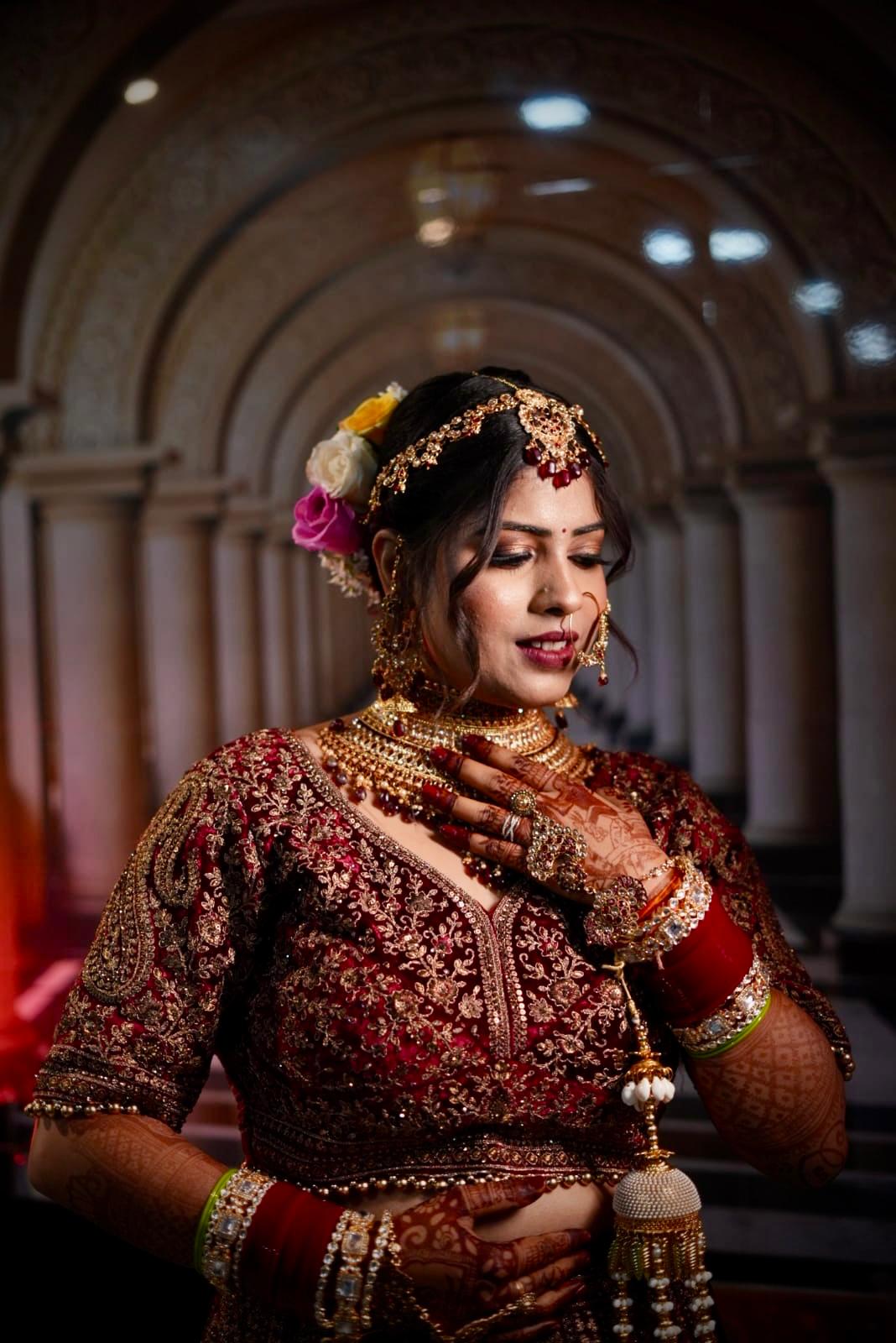 Elegant Indian bride with floral hair accessories