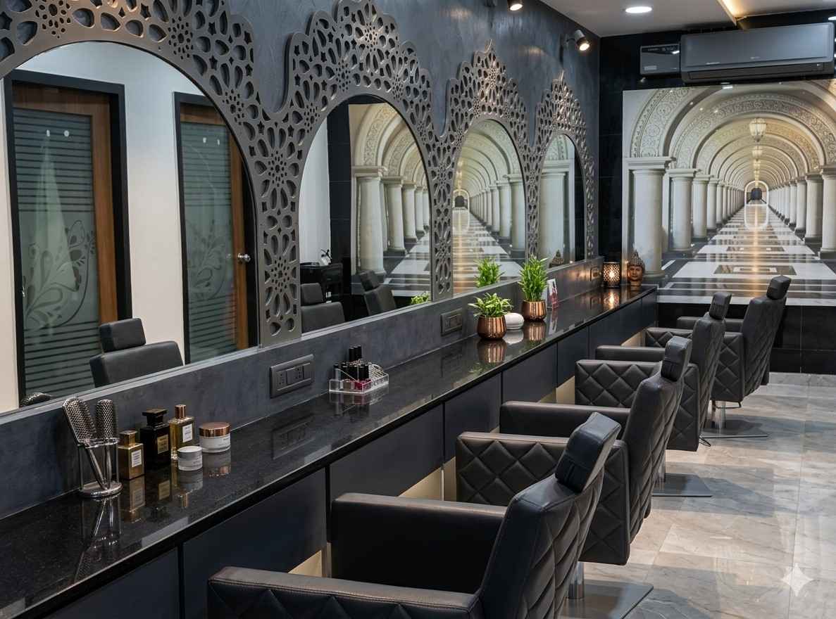 Shades Salon interior — styling stations with ornate arch mirrors
