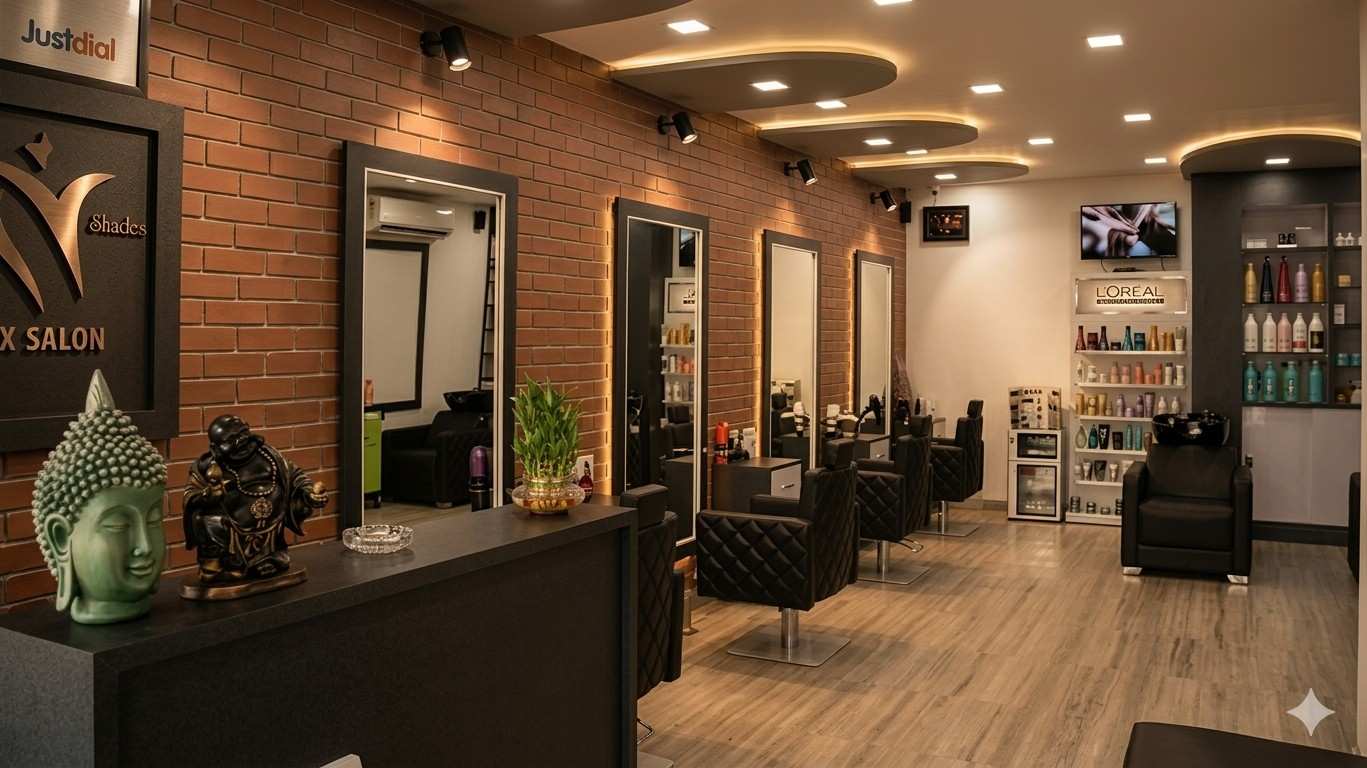 Shades Salon interior — warm-lit styling floor with L'Oreal products